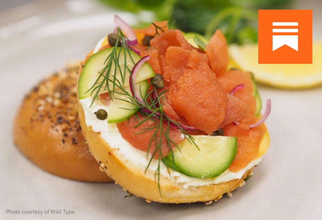 An image of cultivated seafood on a bagel. Image courtesy of wild type.